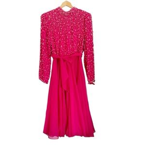 Vintage Jack Bryan Pink Sequin Beaded Embellished Long Sleeve Demure Midi Dress